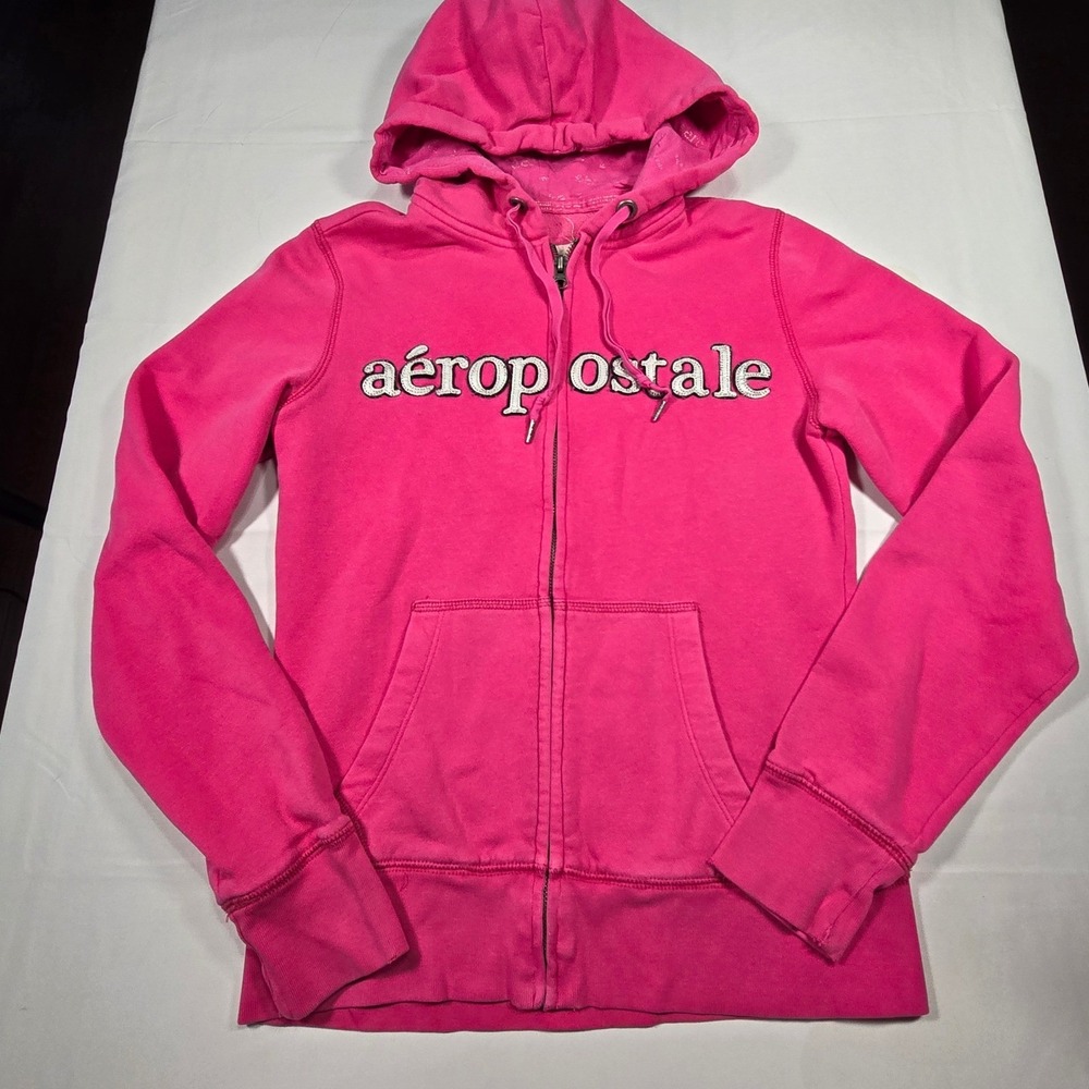 Vintage‎ y2k Aeropostale Womens Pink Full Zip Hoodie Logo Sweatshirt Size Medium